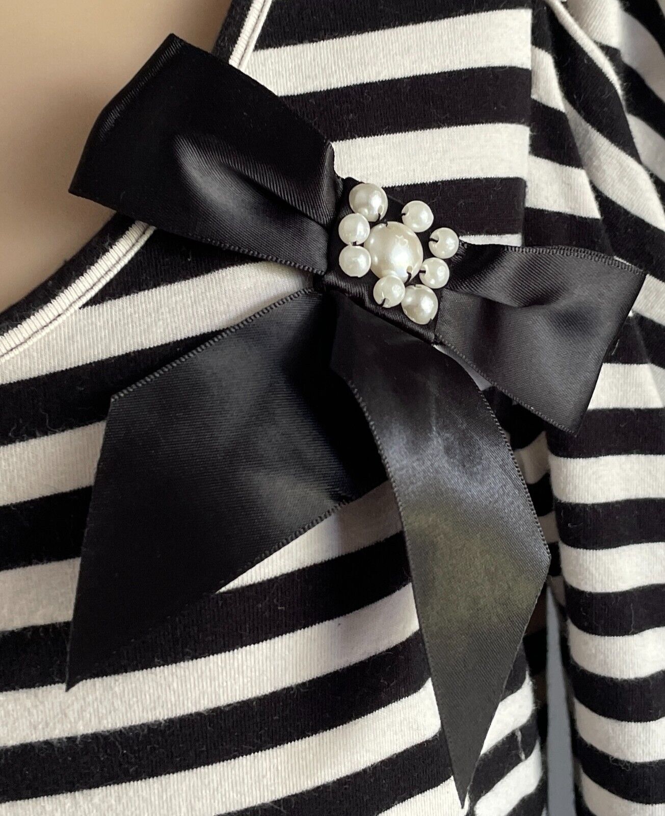 BARDOT Sweater Dress Black & White Stripe 3/4 Sleeve Bow Trim Stretch Size 14