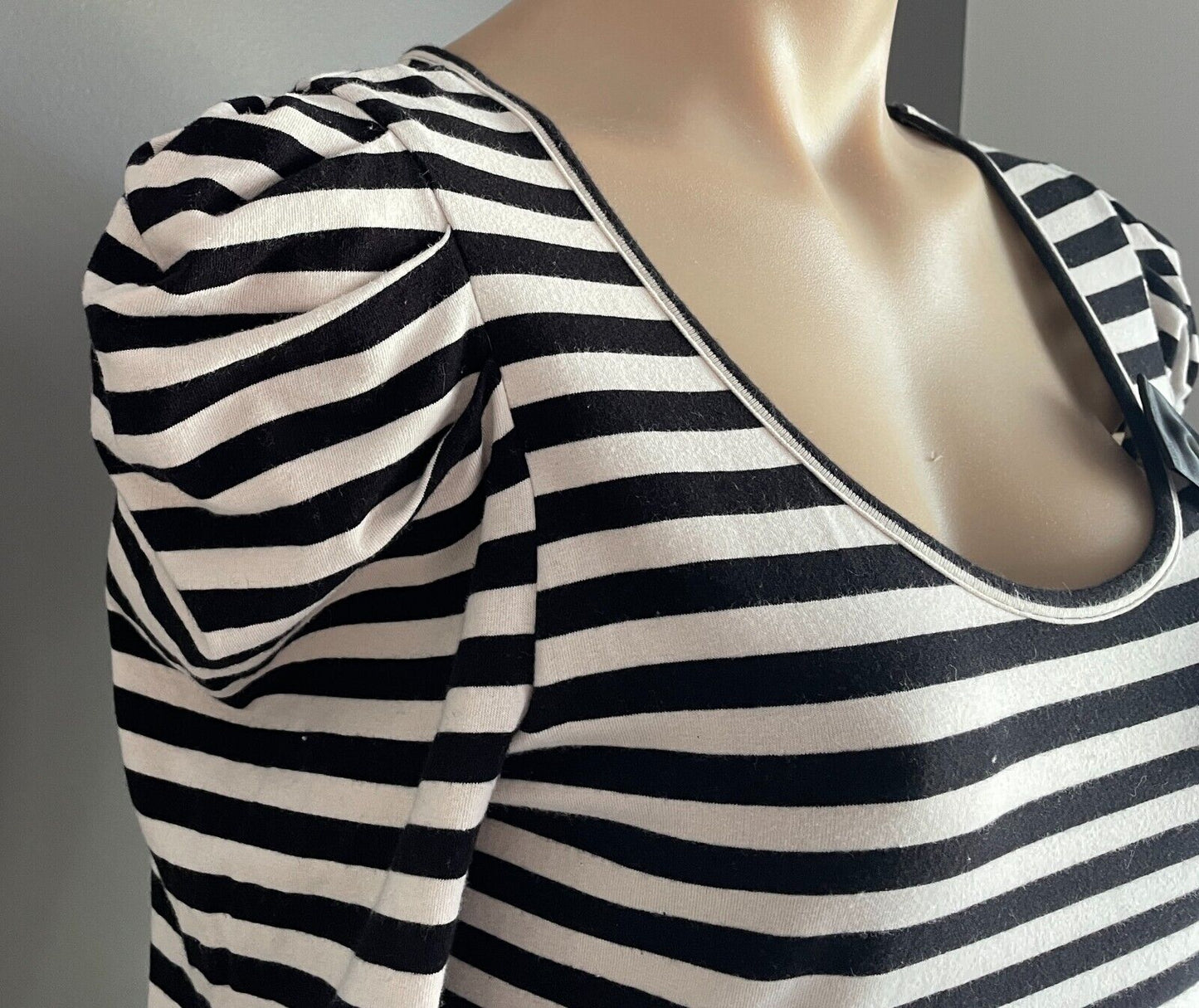 BARDOT Sweater Dress Black & White Stripe 3/4 Sleeve Bow Trim Stretch Size 14