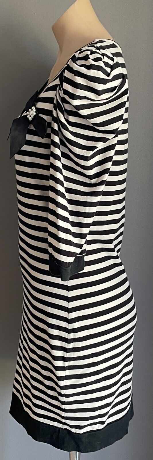 BARDOT Sweater Dress Black & White Stripe 3/4 Sleeve Bow Trim Stretch Size 14