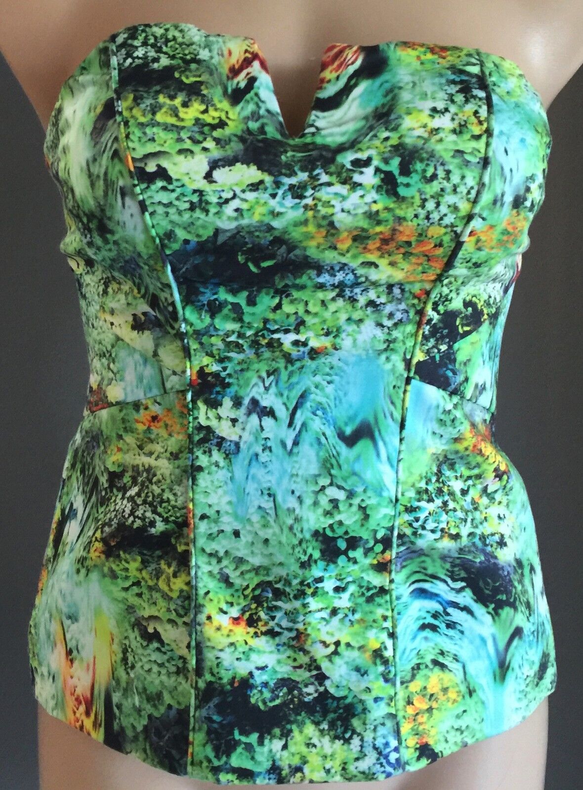 BARDOT Corset Top Green Floral Lined Size 8 10 Strapless Shaped Stunning Print!
