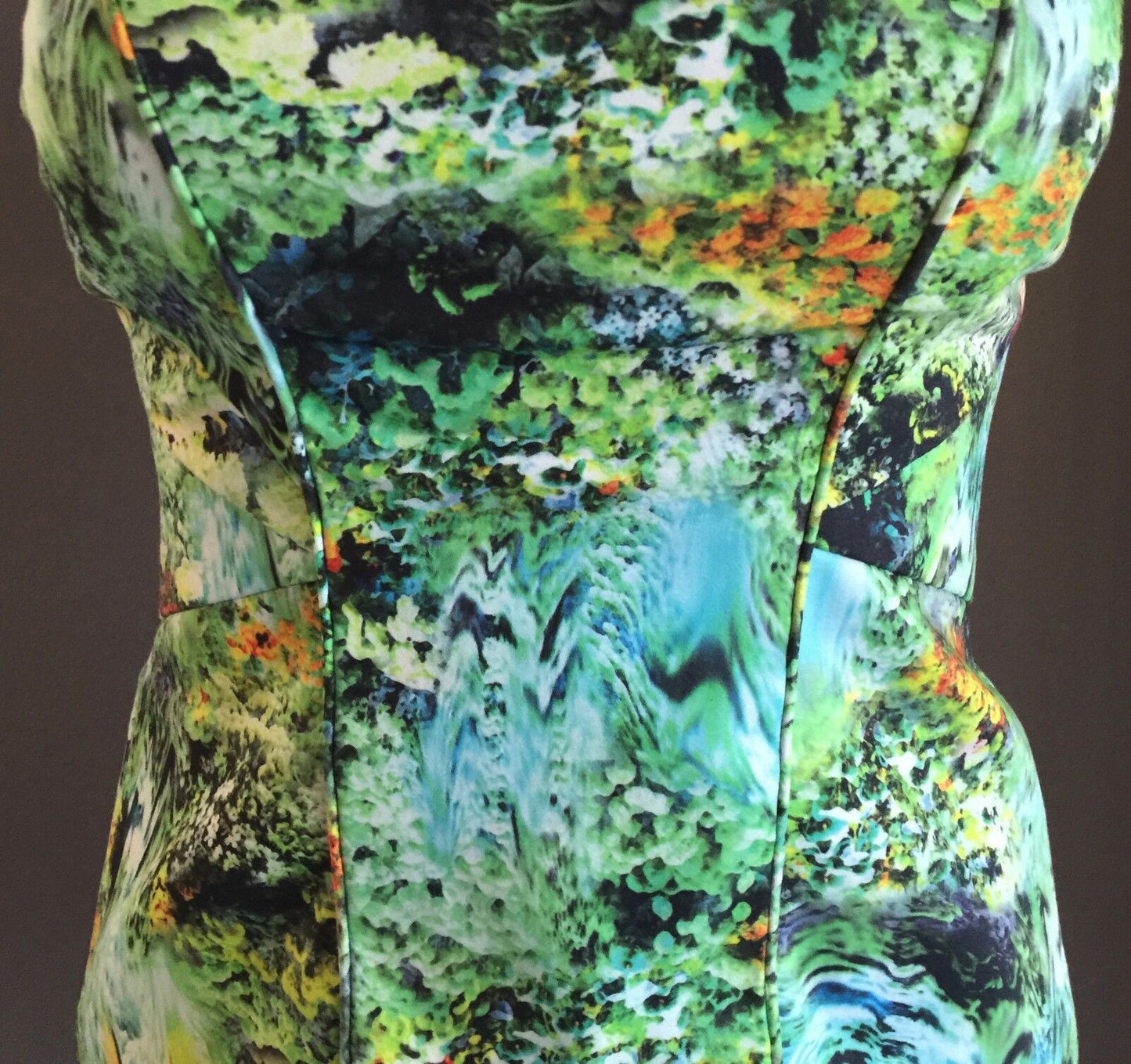 BARDOT Corset Top Green Floral Lined Size 8 10 Strapless Shaped Stunning Print!