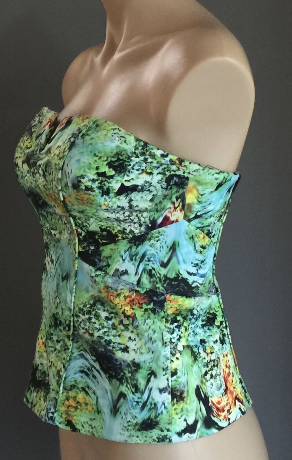 BARDOT Corset Top Green Floral Lined Size 8 10 Strapless Shaped Stunning Print!