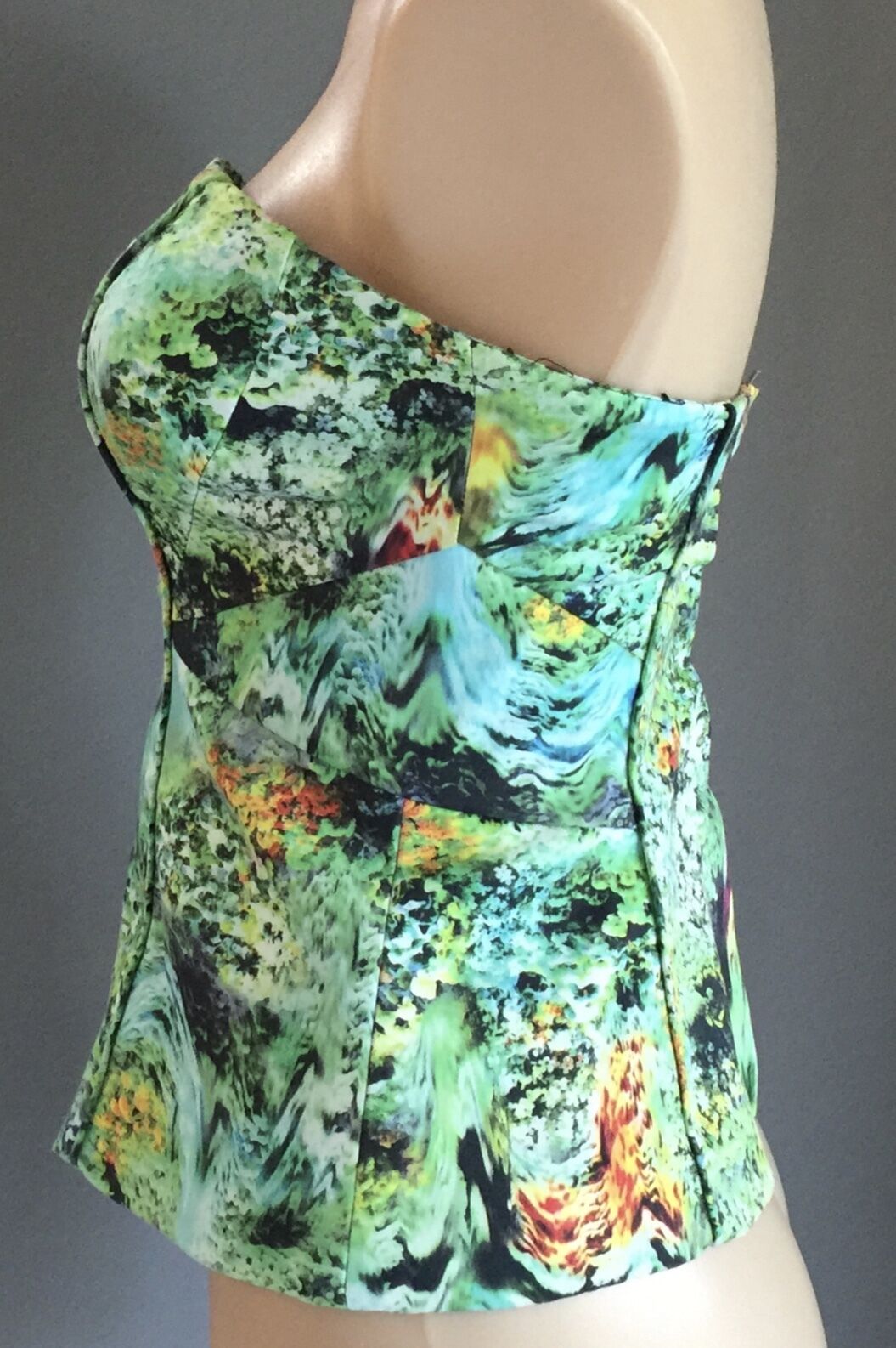 BARDOT Corset Top Green Floral Lined Size 8 10 Strapless Shaped Stunning Print!