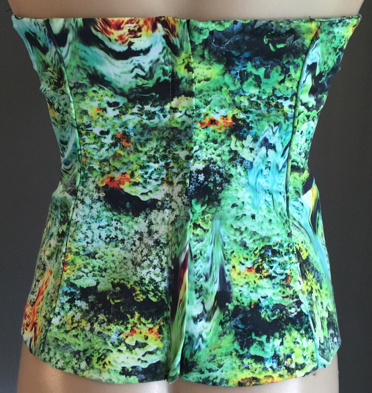 BARDOT Corset Top Green Floral Lined Size 8 10 Strapless Shaped Stunning Print!