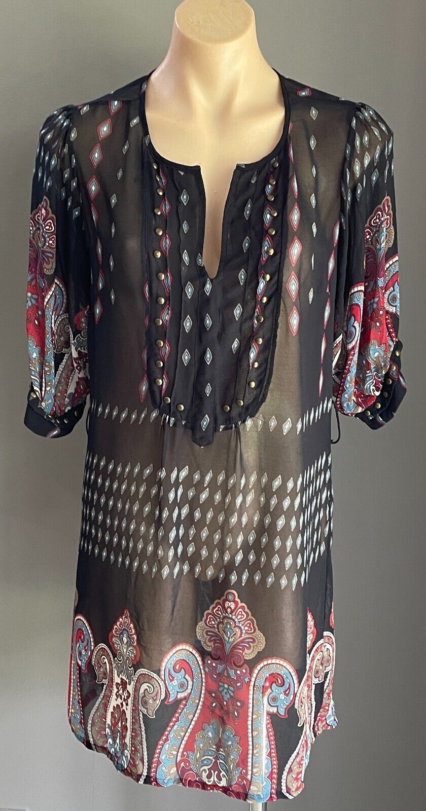 BARDOT Top Short Tunic Dress Navy & Paisley Print Brass Studs Semi Sheer Sz 14