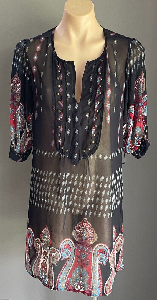 BARDOT Top Short Tunic Dress Navy & Paisley Print Brass Studs Semi Sheer Sz 14