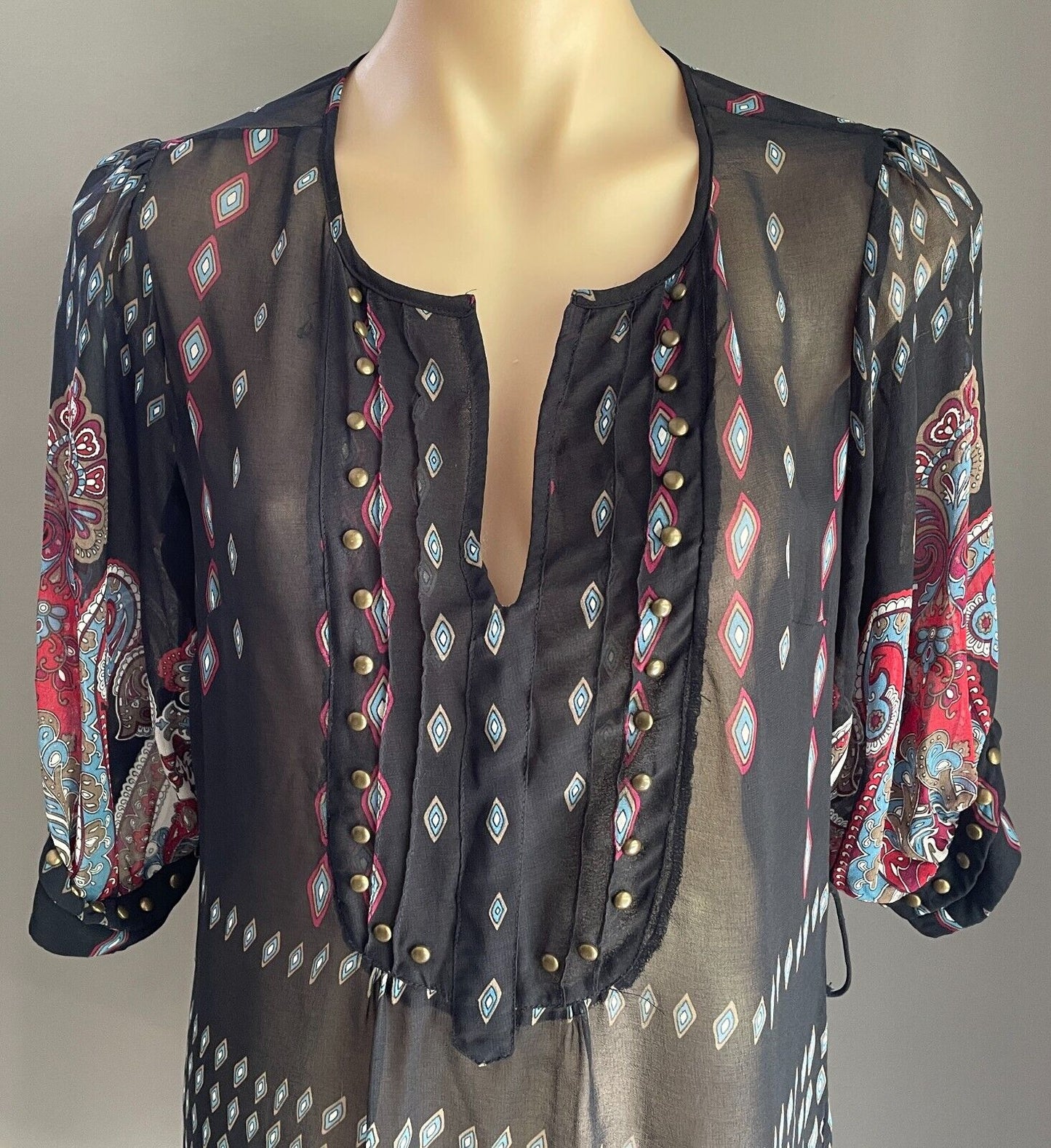 BARDOT Top Short Tunic Dress Navy & Paisley Print Brass Studs Semi Sheer Sz 14