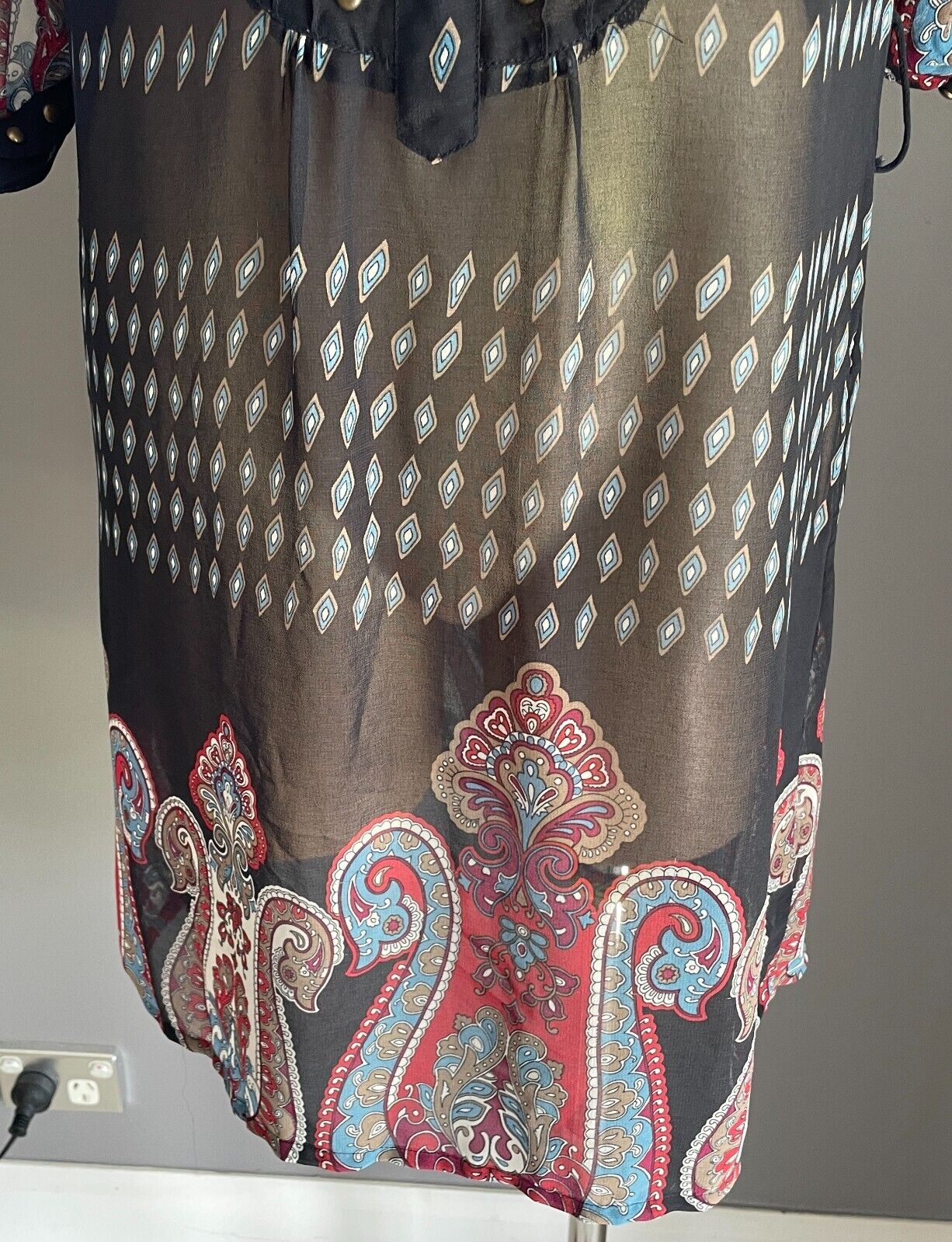 BARDOT Top Short Tunic Dress Navy & Paisley Print Brass Studs Semi Sheer Sz 14