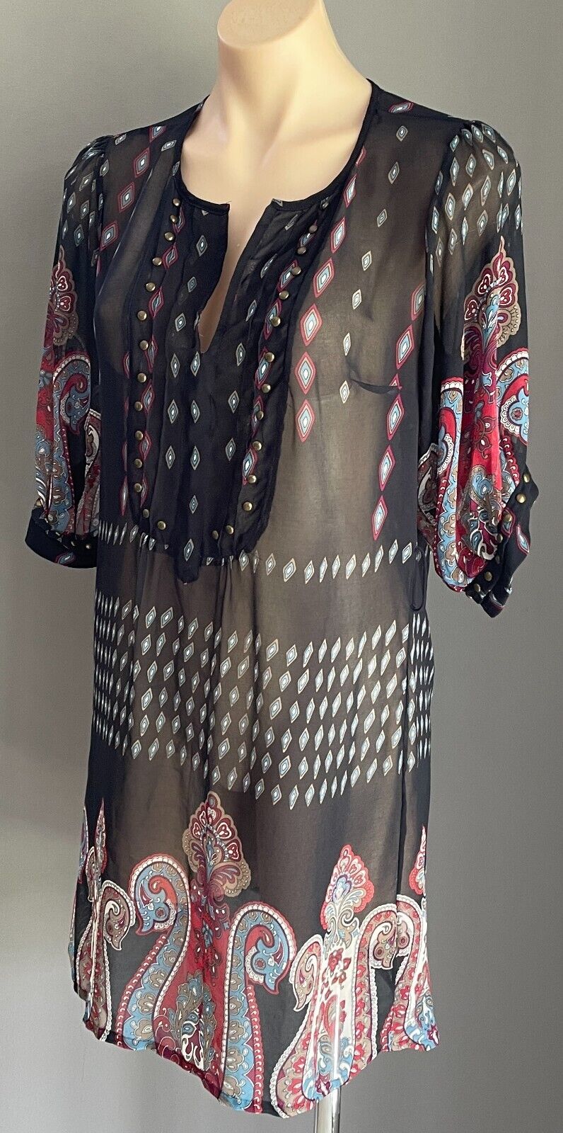 BARDOT Top Short Tunic Dress Navy & Paisley Print Brass Studs Semi Sheer Sz 14