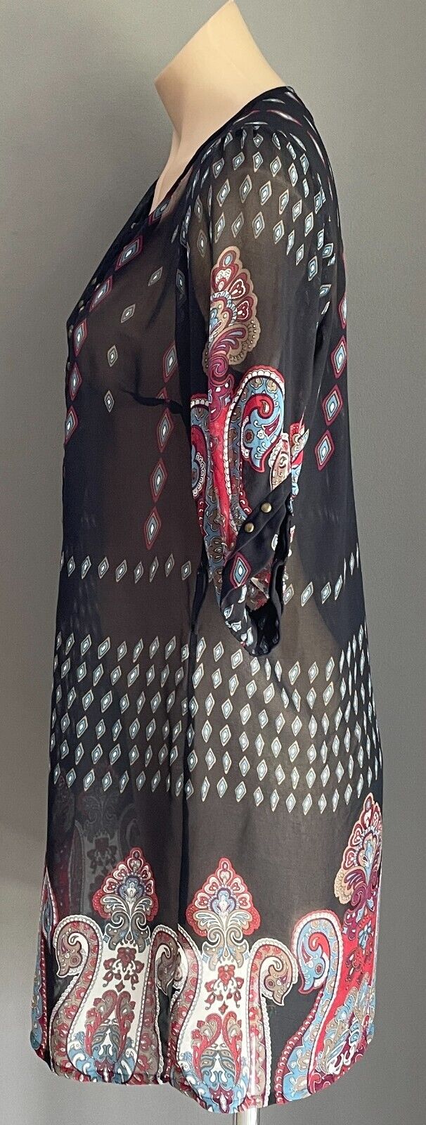 BARDOT Top Short Tunic Dress Navy & Paisley Print Brass Studs Semi Sheer Sz 14
