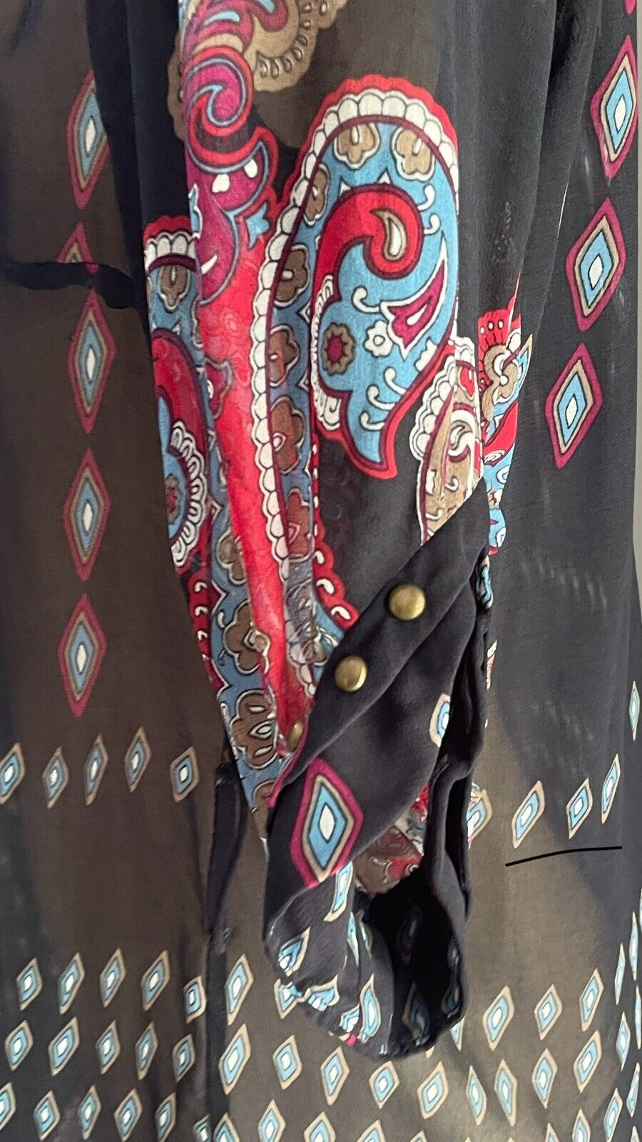 BARDOT Top Short Tunic Dress Navy & Paisley Print Brass Studs Semi Sheer Sz 14