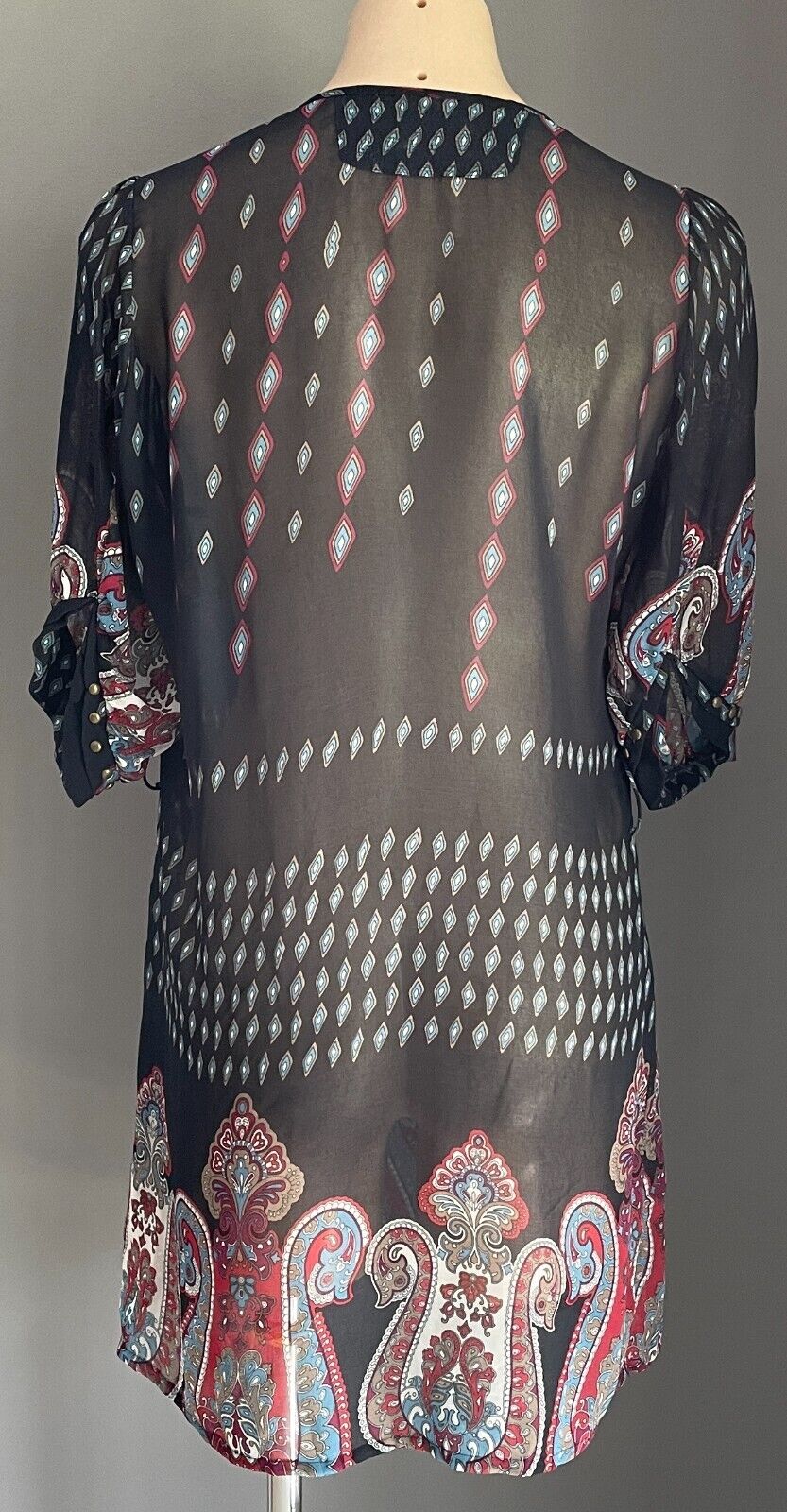 BARDOT Top Short Tunic Dress Navy & Paisley Print Brass Studs Semi Sheer Sz 14