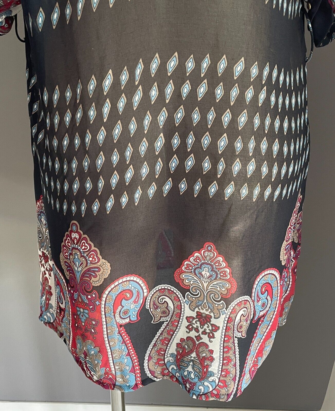 BARDOT Top Short Tunic Dress Navy & Paisley Print Brass Studs Semi Sheer Sz 14