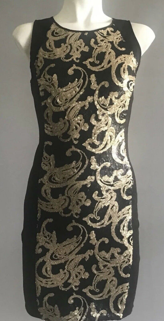 BARDOT Dress Sheath Black Sleeveless w Black & Gold Sequin Trim Ladies Sz 8 NEW