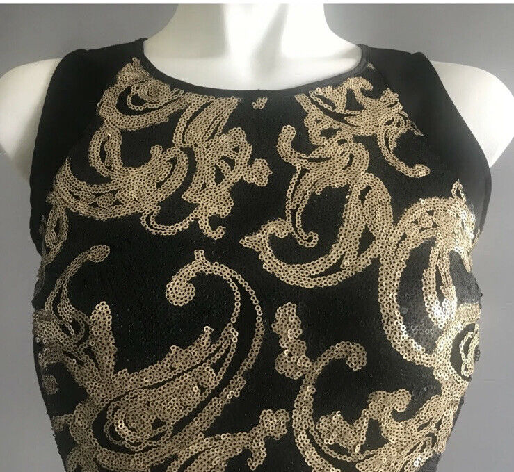 BARDOT Dress Sheath Black Sleeveless w Black & Gold Sequin Trim Ladies Sz 8 NEW