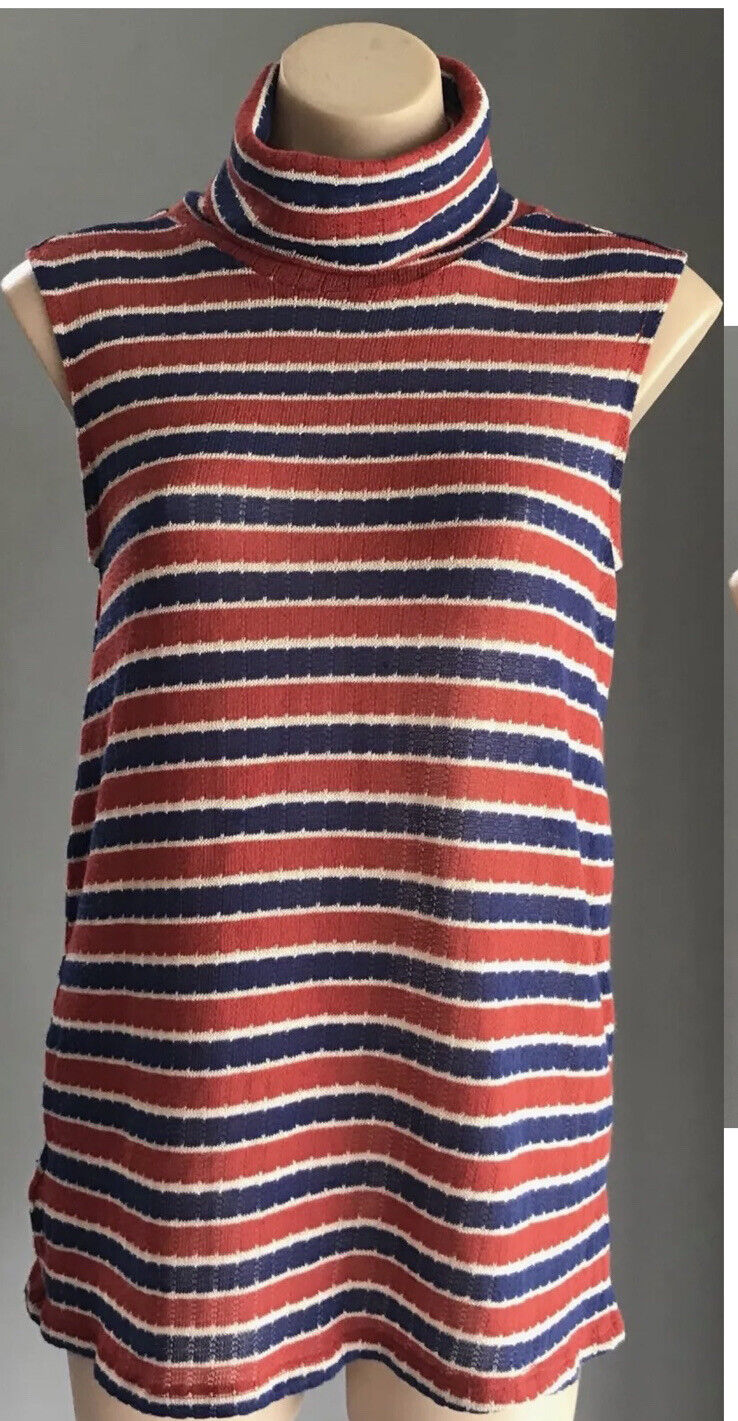 BARDOT Knit Top Red Blue White Stripe Sleeveless Turtle Neck Silver Thread Sz 10