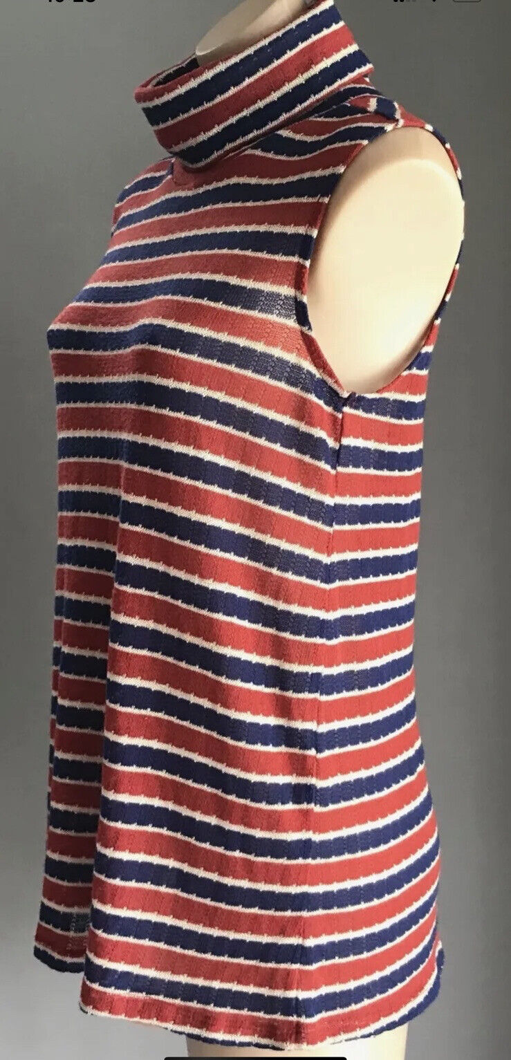 BARDOT Knit Top Red Blue White Stripe Sleeveless Turtle Neck Silver Thread Sz 10