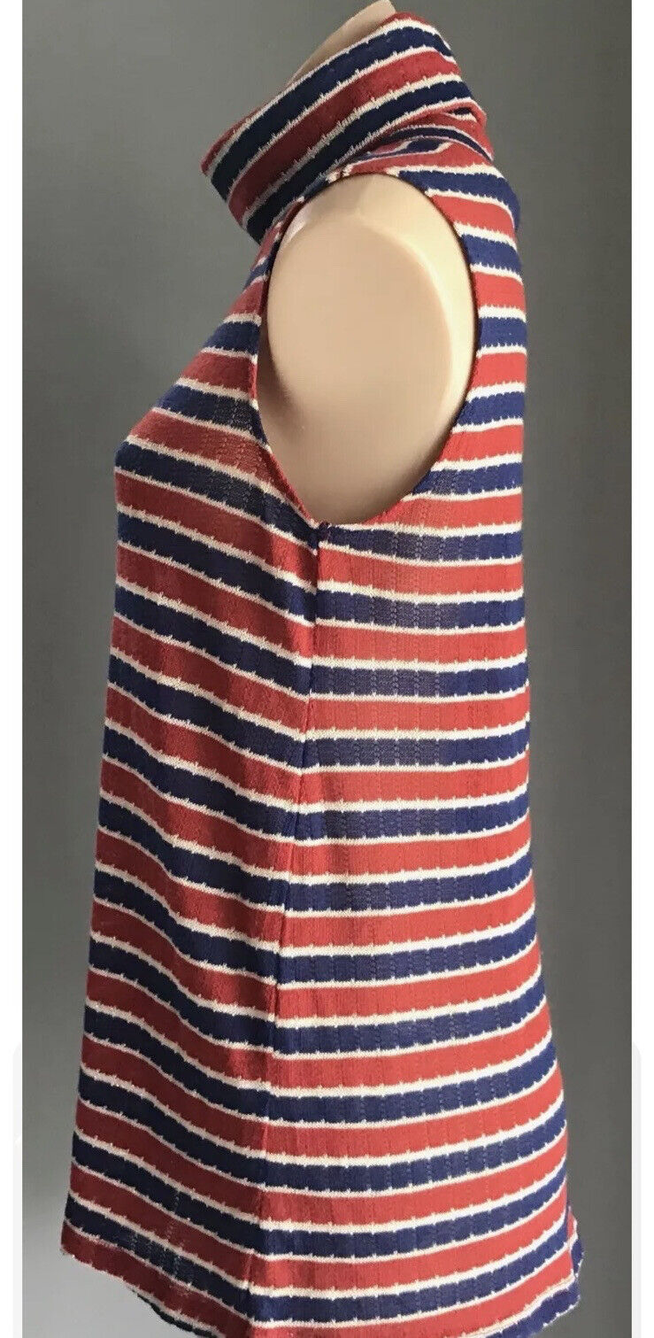 BARDOT Knit Top Red Blue White Stripe Sleeveless Turtle Neck Silver Thread Sz 10