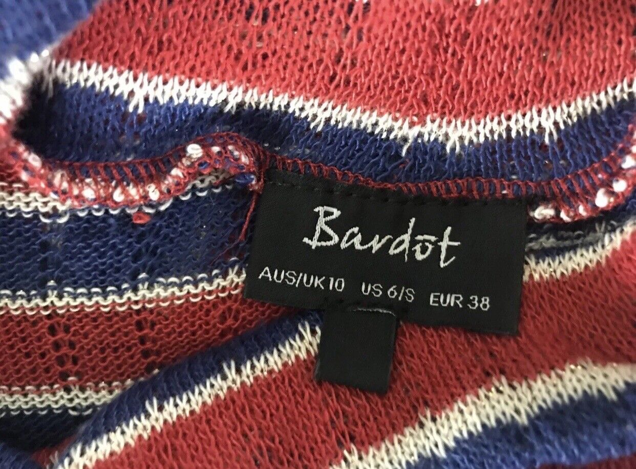 BARDOT Knit Top Red Blue White Stripe Sleeveless Turtle Neck Silver Thread Sz 10