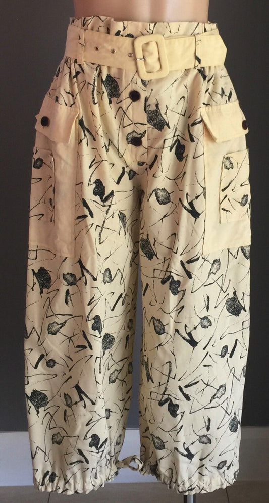 FRIEND HOUSE Wide Leg Pants Pale Yellow & Black Paper Bag Waist Size 10 Vintage