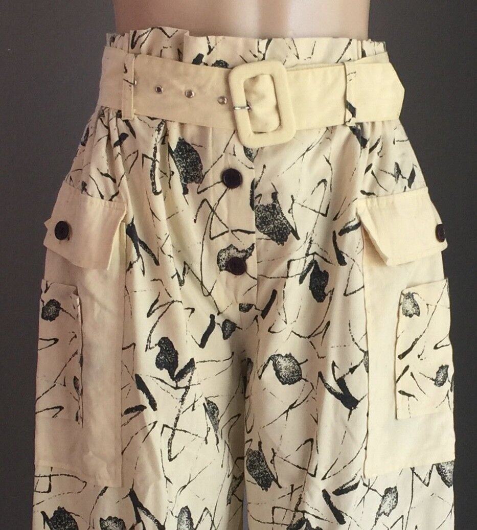 FRIEND HOUSE Wide Leg Pants Pale Yellow & Black Paper Bag Waist Size 10 Vintage