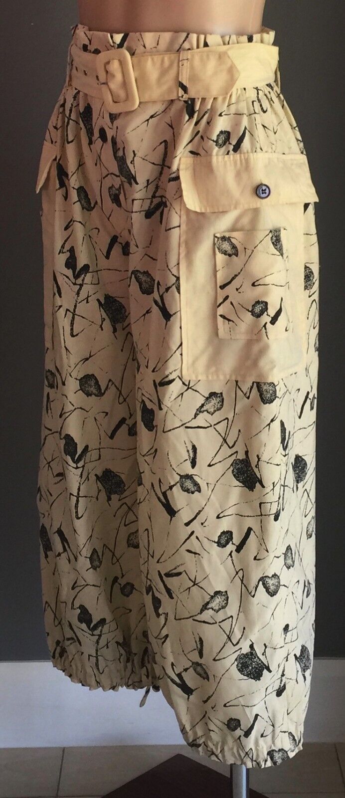 FRIEND HOUSE Wide Leg Pants Pale Yellow & Black Paper Bag Waist Size 10 Vintage
