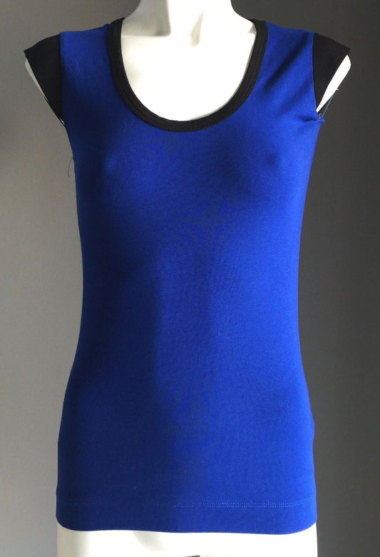 FRENCH CONNECTION Top Blue & Black Trim Cap Sleeve Stretch Size S 8