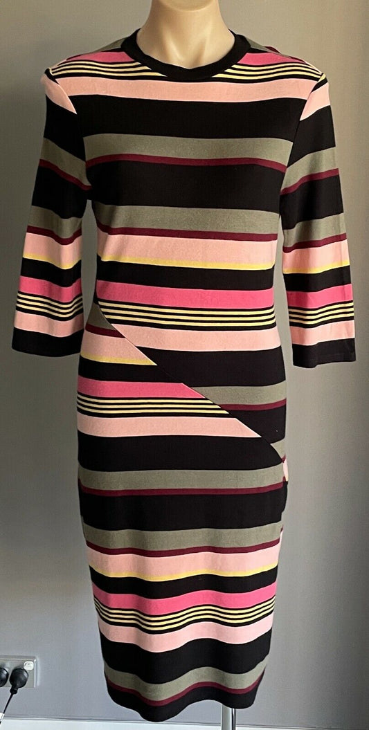 FRENCH CONNECTION Bodycon Dress Multi Colour Stripe 3/4 Sleeve Stretch Size 10