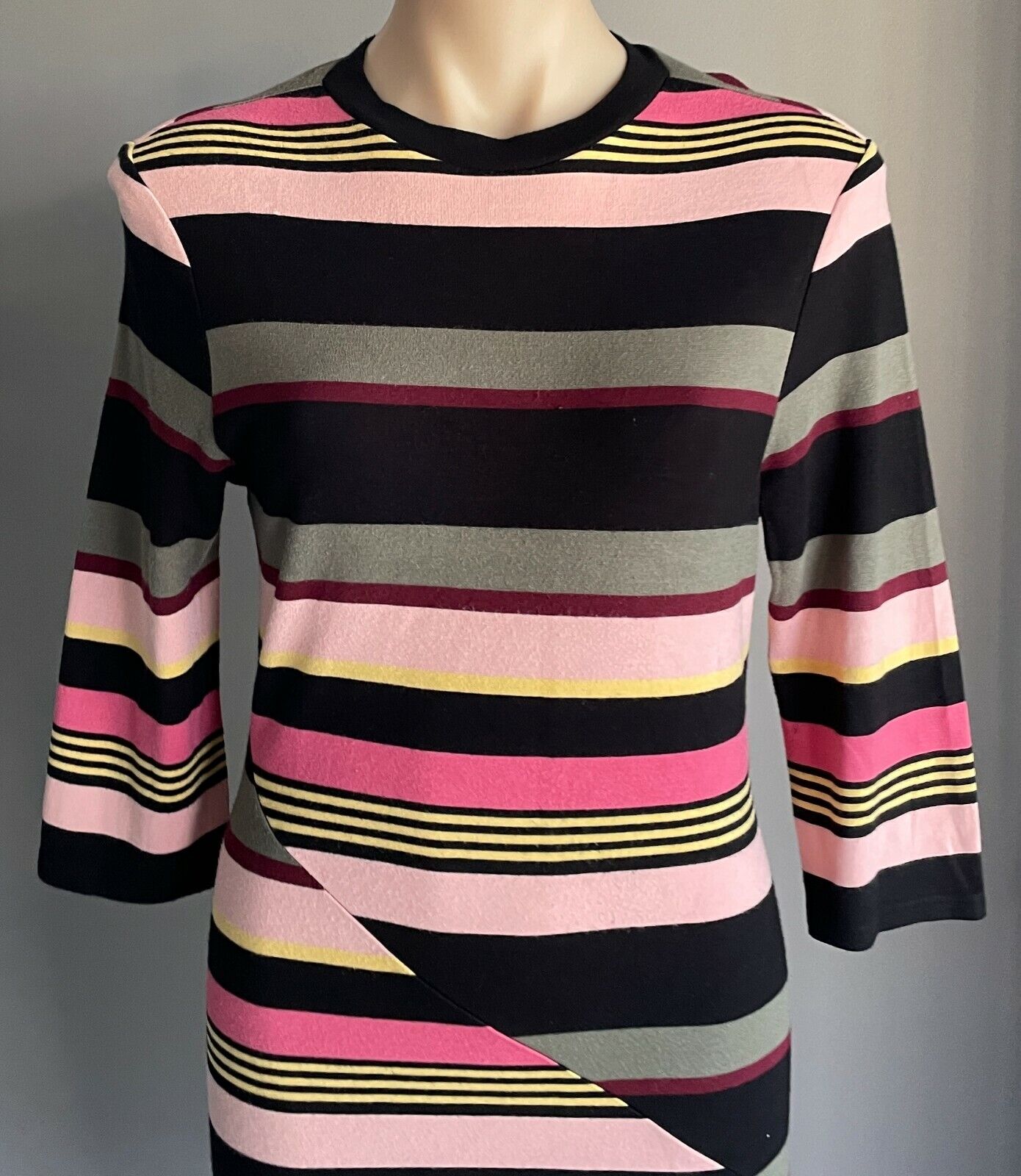 FRENCH CONNECTION Bodycon Dress Multi Colour Stripe 3/4 Sleeve Stretch Size 10