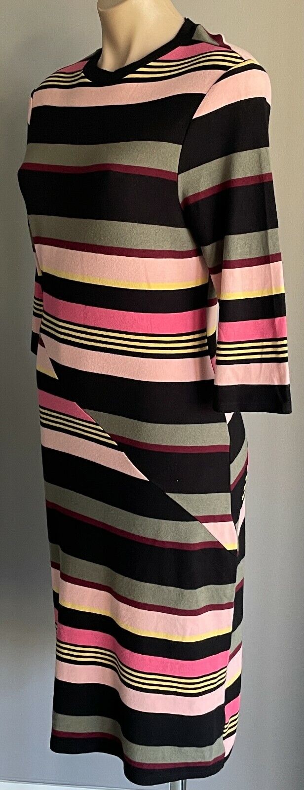 FRENCH CONNECTION Bodycon Dress Multi Colour Stripe 3/4 Sleeve Stretch Size 10