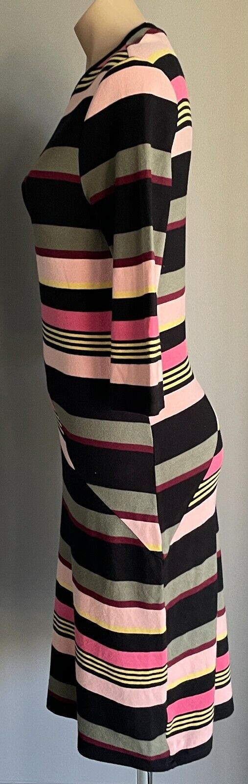 FRENCH CONNECTION Bodycon Dress Multi Colour Stripe 3/4 Sleeve Stretch Size 10