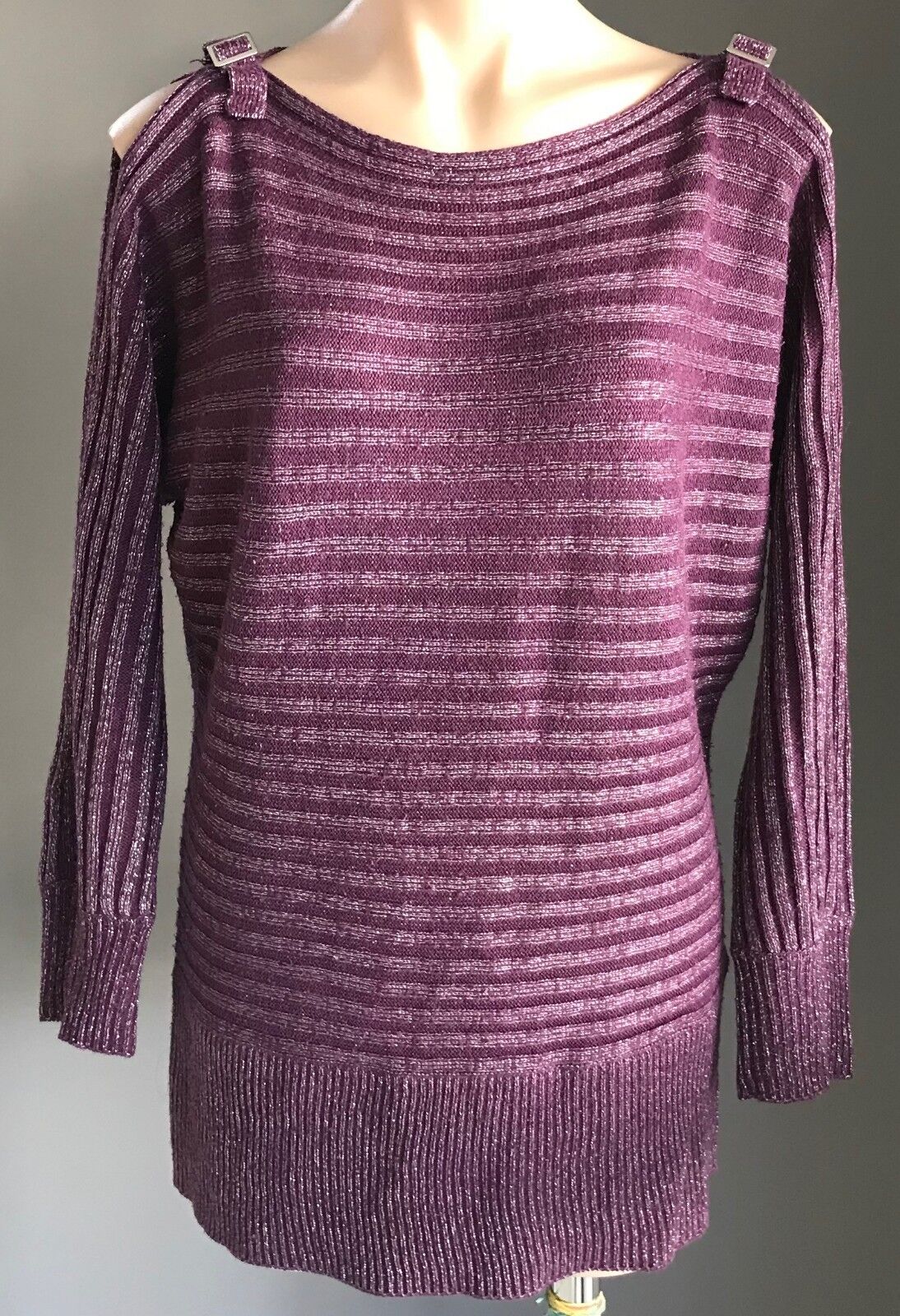 CROSSROADS Knit Top Cold Shoulder Buckle Purple Berry & Silver Lurex Stripe 14