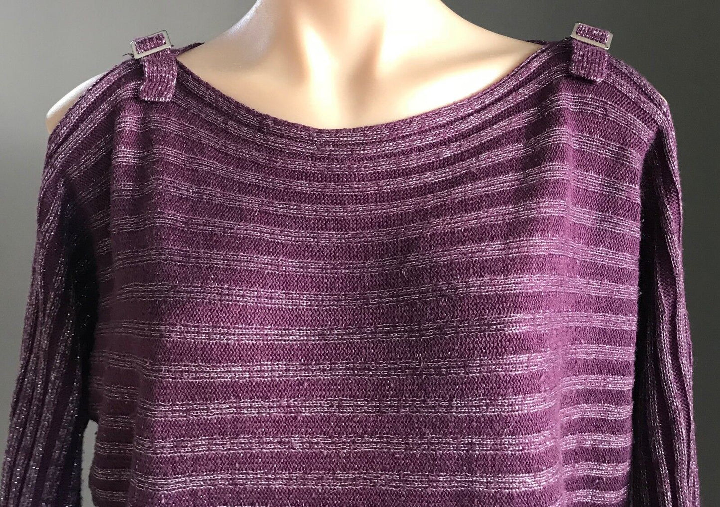 CROSSROADS Knit Top Cold Shoulder Buckle Purple Berry & Silver Lurex Stripe 14