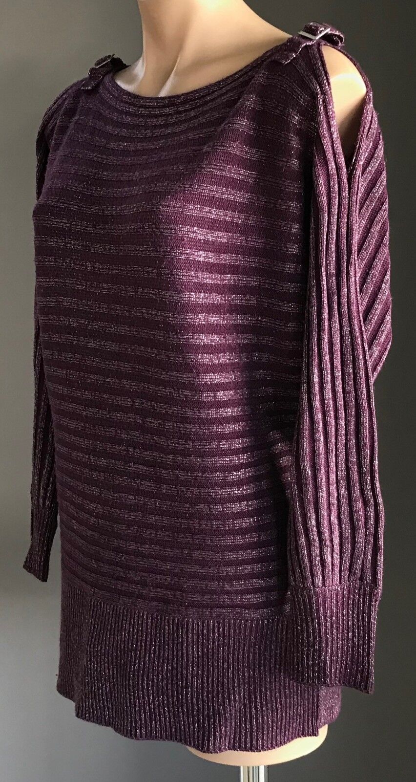CROSSROADS Knit Top Cold Shoulder Buckle Purple Berry & Silver Lurex Stripe 14