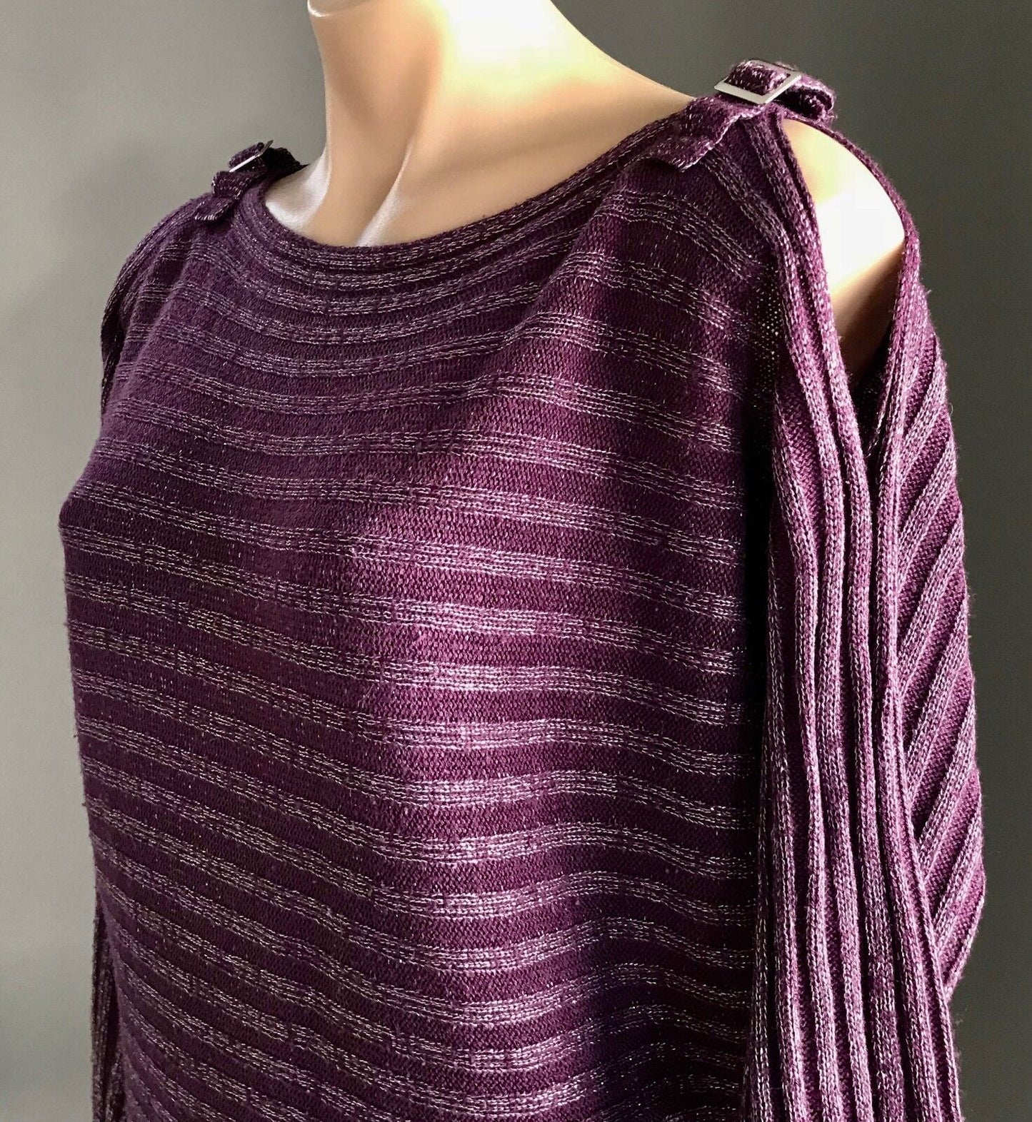 CROSSROADS Knit Top Cold Shoulder Buckle Purple Berry & Silver Lurex Stripe 14
