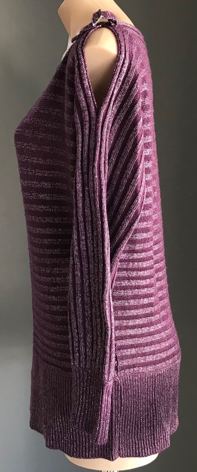 CROSSROADS Knit Top Cold Shoulder Buckle Purple Berry & Silver Lurex Stripe 14