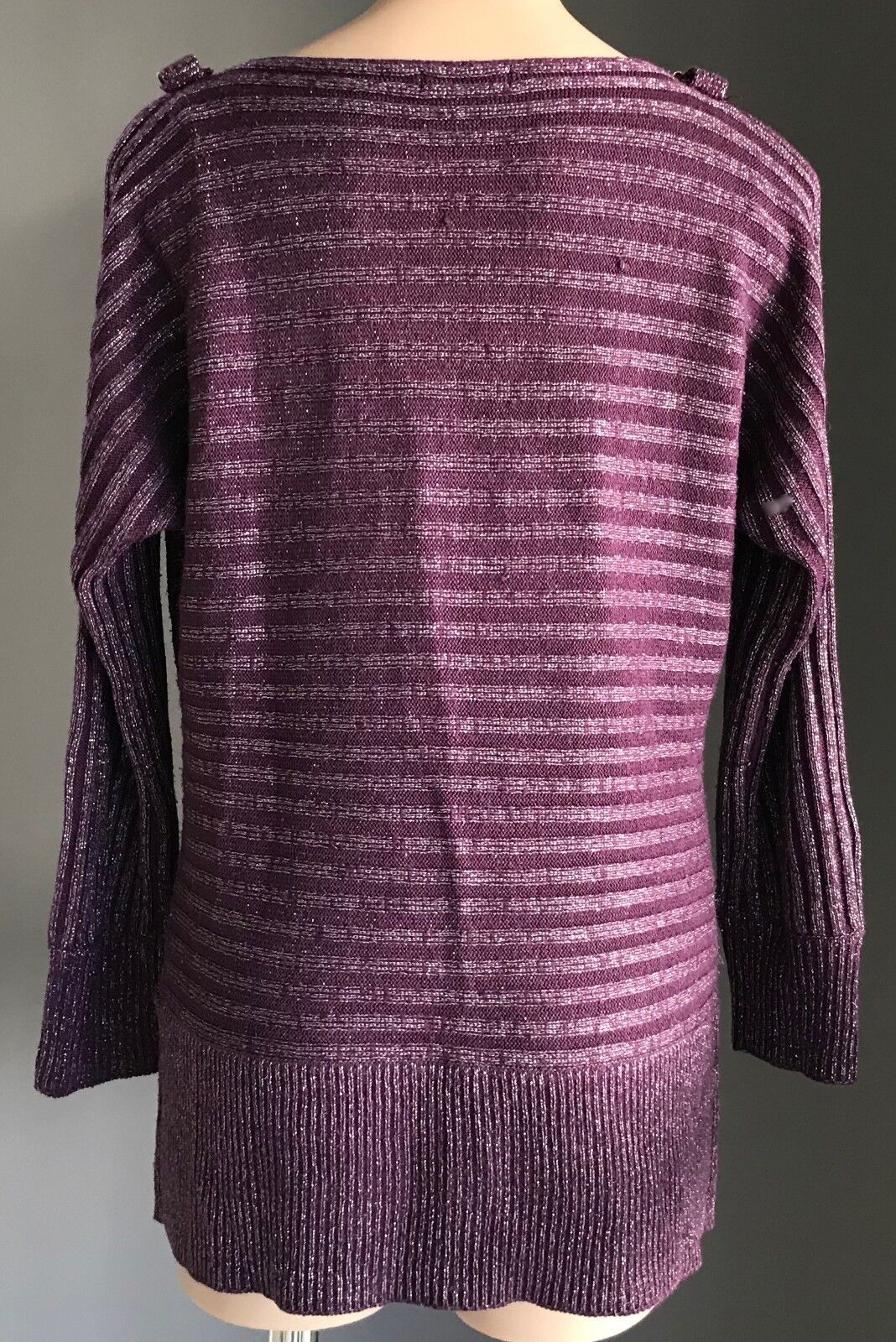 CROSSROADS Knit Top Cold Shoulder Buckle Purple Berry & Silver Lurex Stripe 14