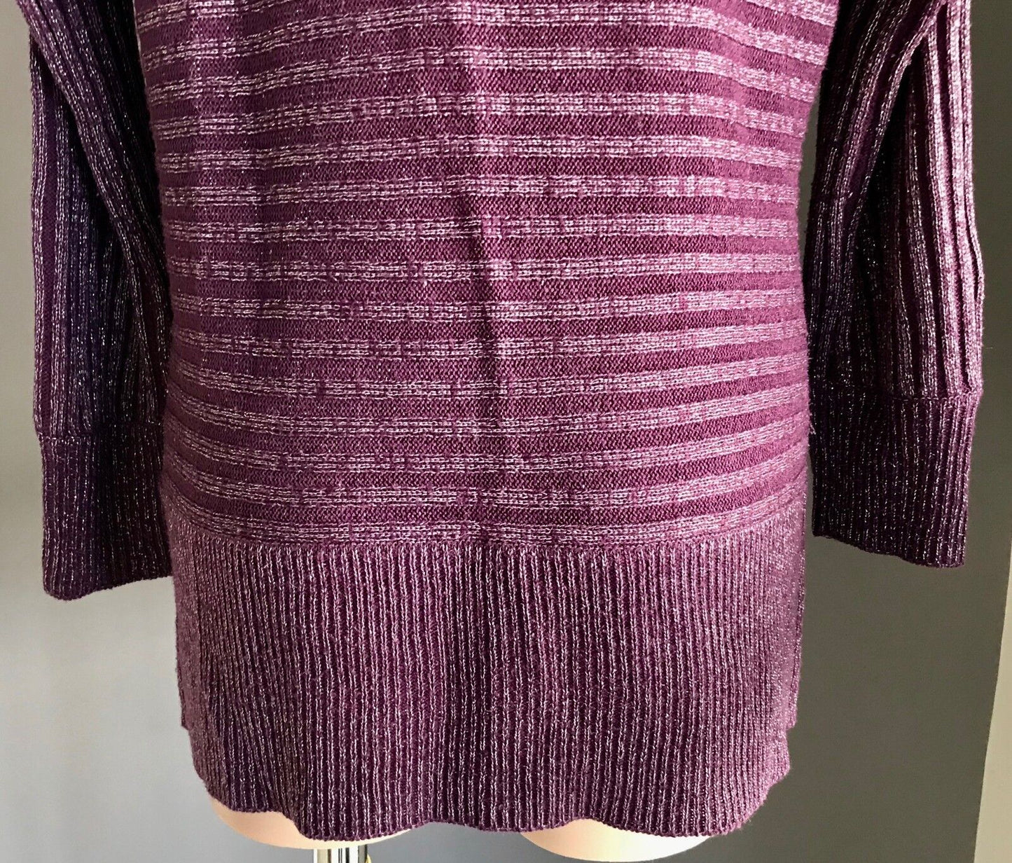 CROSSROADS Knit Top Cold Shoulder Buckle Purple Berry & Silver Lurex Stripe 14