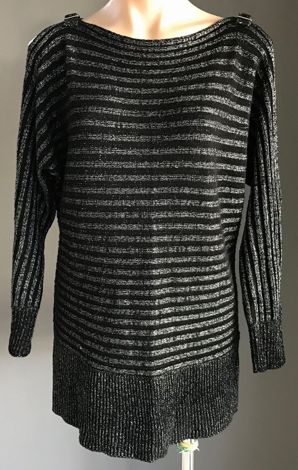 CROSSROADS Knit Top Cold Shoulder Silver Lurex Stripe Black Buckle Sweater 14