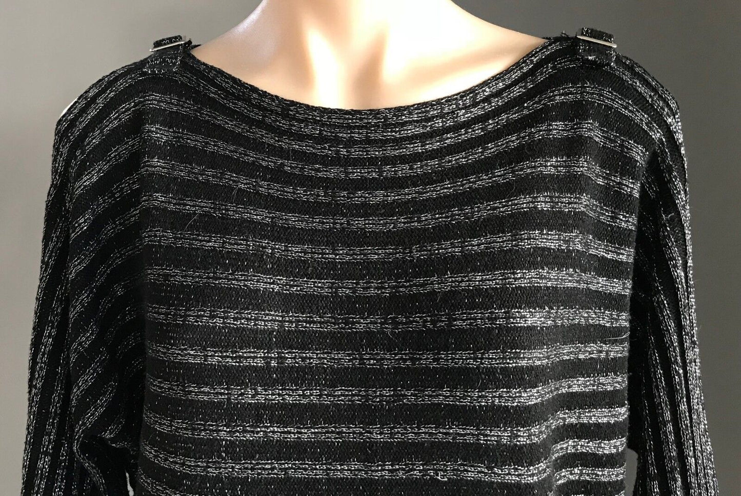 CROSSROADS Knit Top Cold Shoulder Silver Lurex Stripe Black Buckle Sweater 14