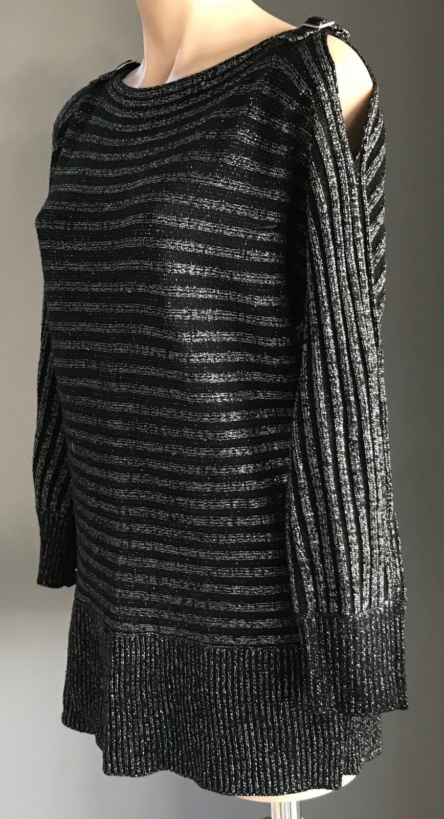 CROSSROADS Knit Top Cold Shoulder Silver Lurex Stripe Black Buckle Sweater 14