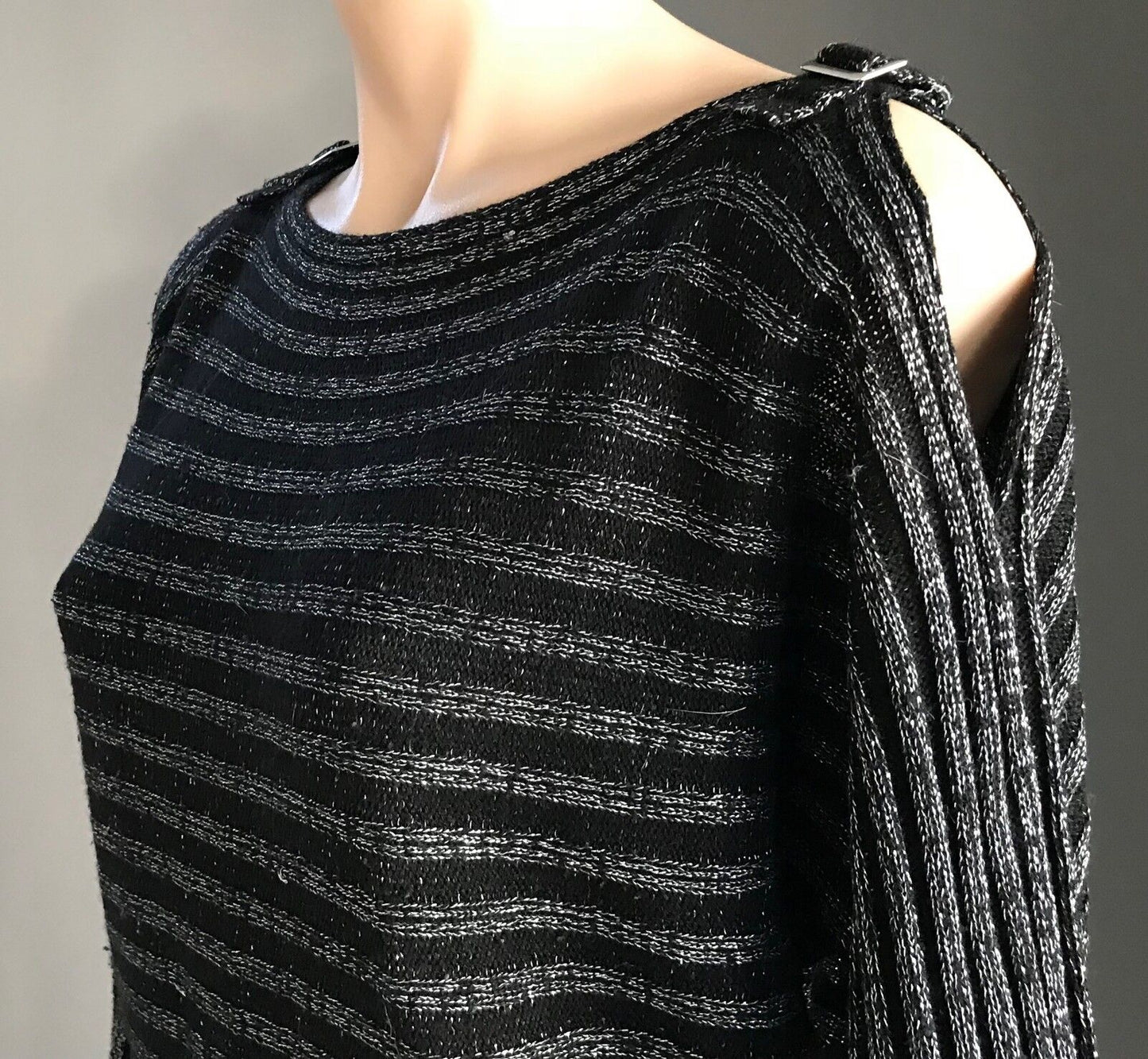 CROSSROADS Knit Top Cold Shoulder Silver Lurex Stripe Black Buckle Sweater 14