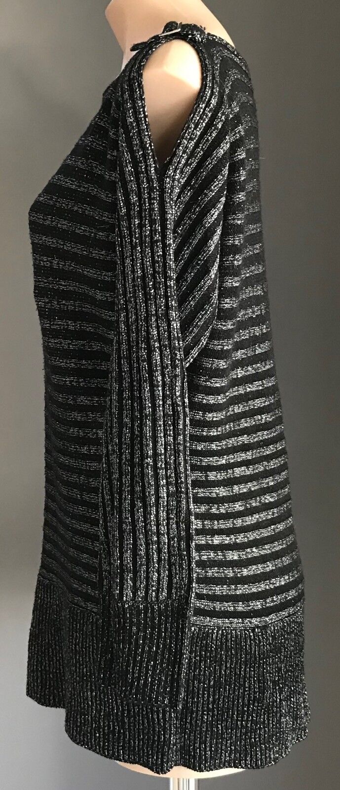 CROSSROADS Knit Top Cold Shoulder Silver Lurex Stripe Black Buckle Sweater 14