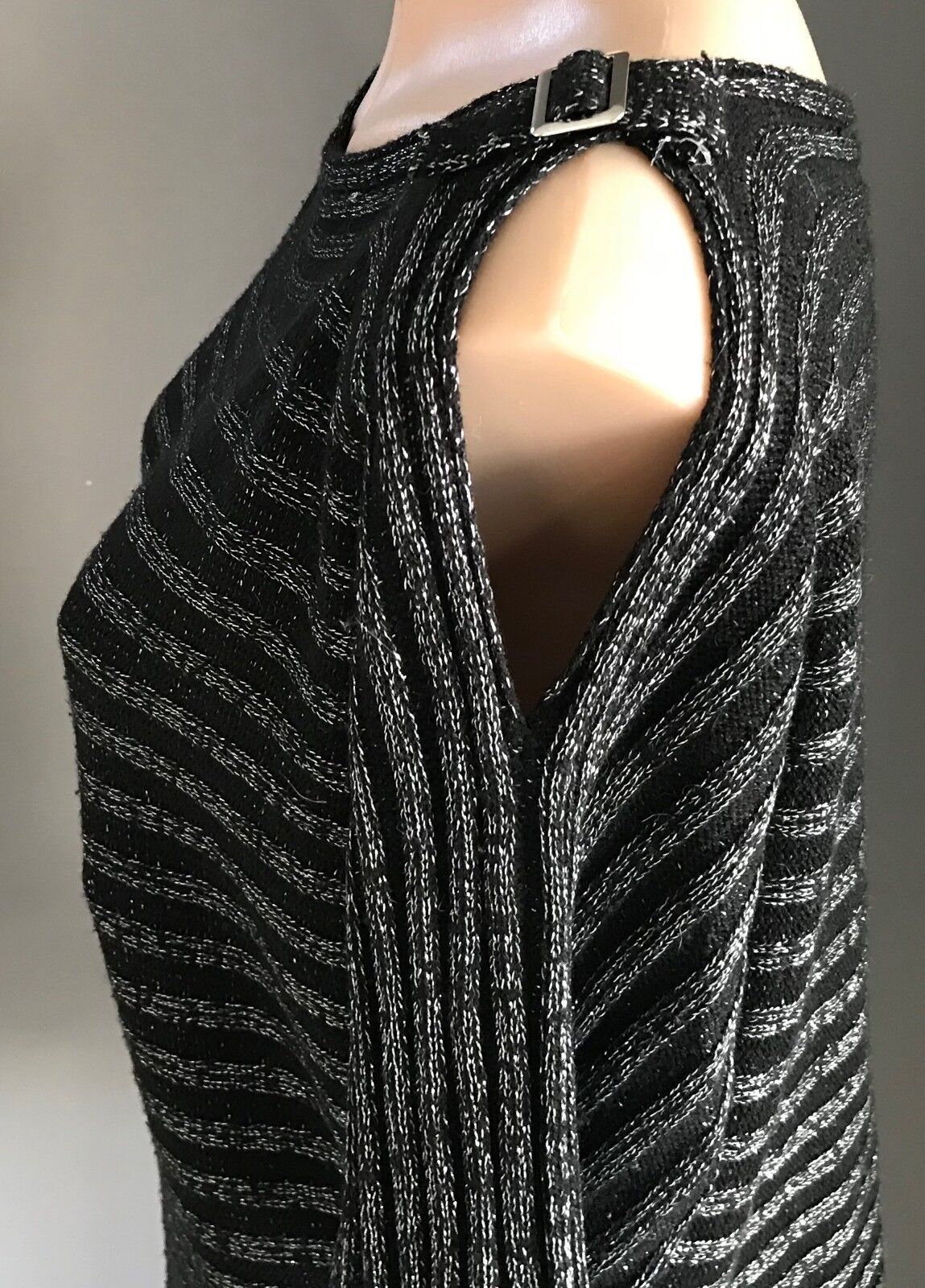 CROSSROADS Knit Top Cold Shoulder Silver Lurex Stripe Black Buckle Sweater 14