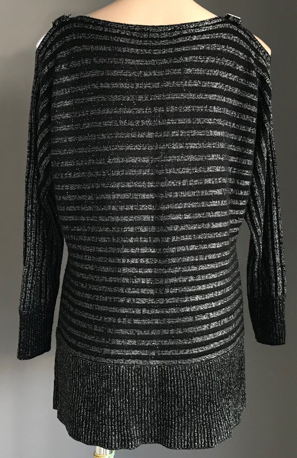 CROSSROADS Knit Top Cold Shoulder Silver Lurex Stripe Black Buckle Sweater 14