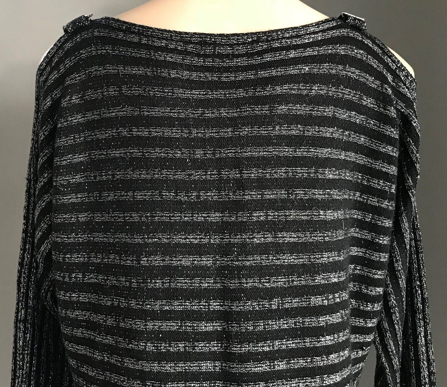 CROSSROADS Knit Top Cold Shoulder Silver Lurex Stripe Black Buckle Sweater 14