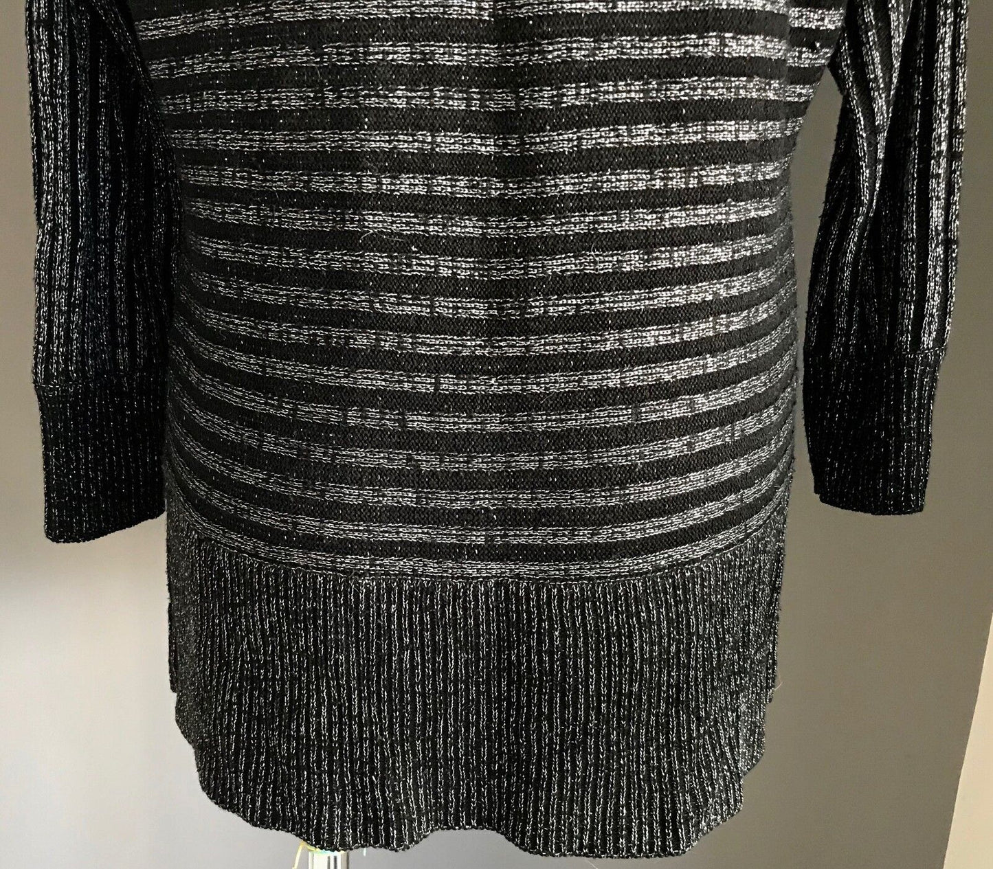 CROSSROADS Knit Top Cold Shoulder Silver Lurex Stripe Black Buckle Sweater 14