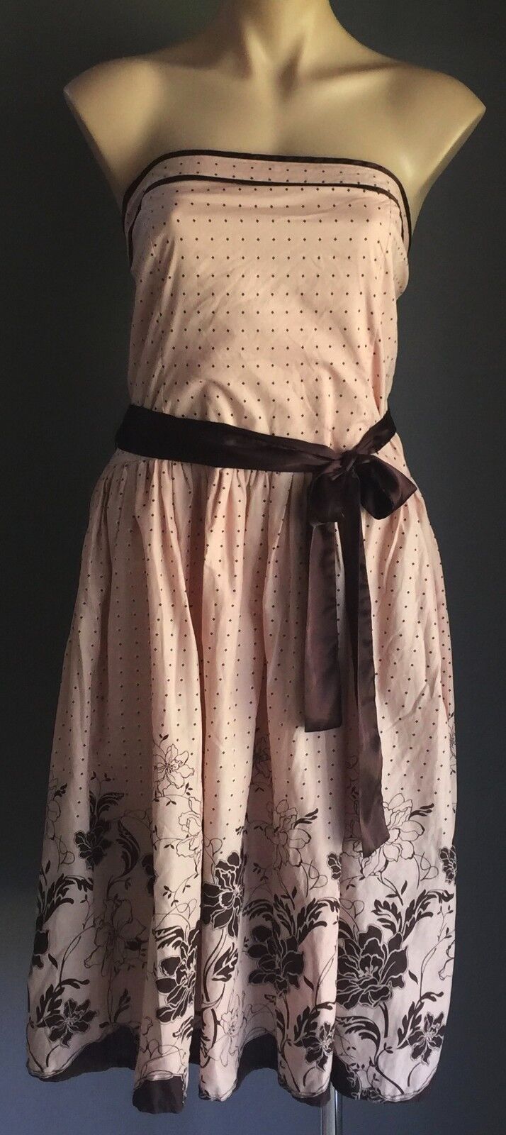 CROSSROADS Dress Polka Dot & Floral Blush Pink & Brown Ladies Size 16 Strapless