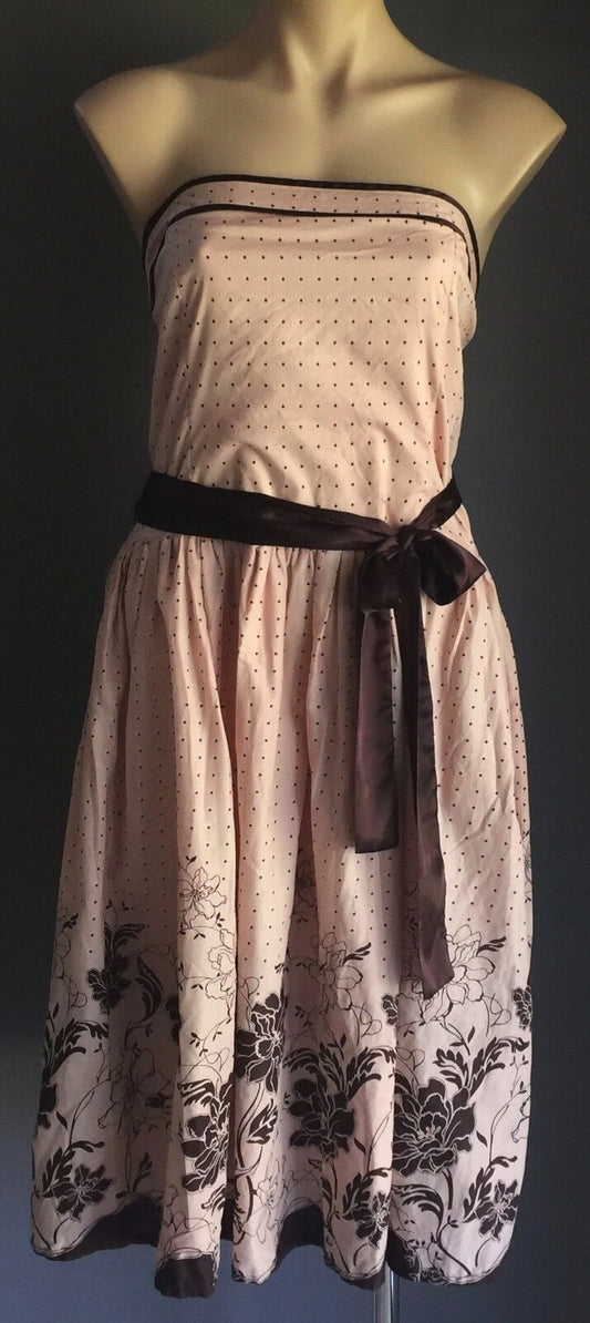 CROSSROADS Dress Polka Dot & Floral Blush Pink & Brown Ladies Size 16 Strapless