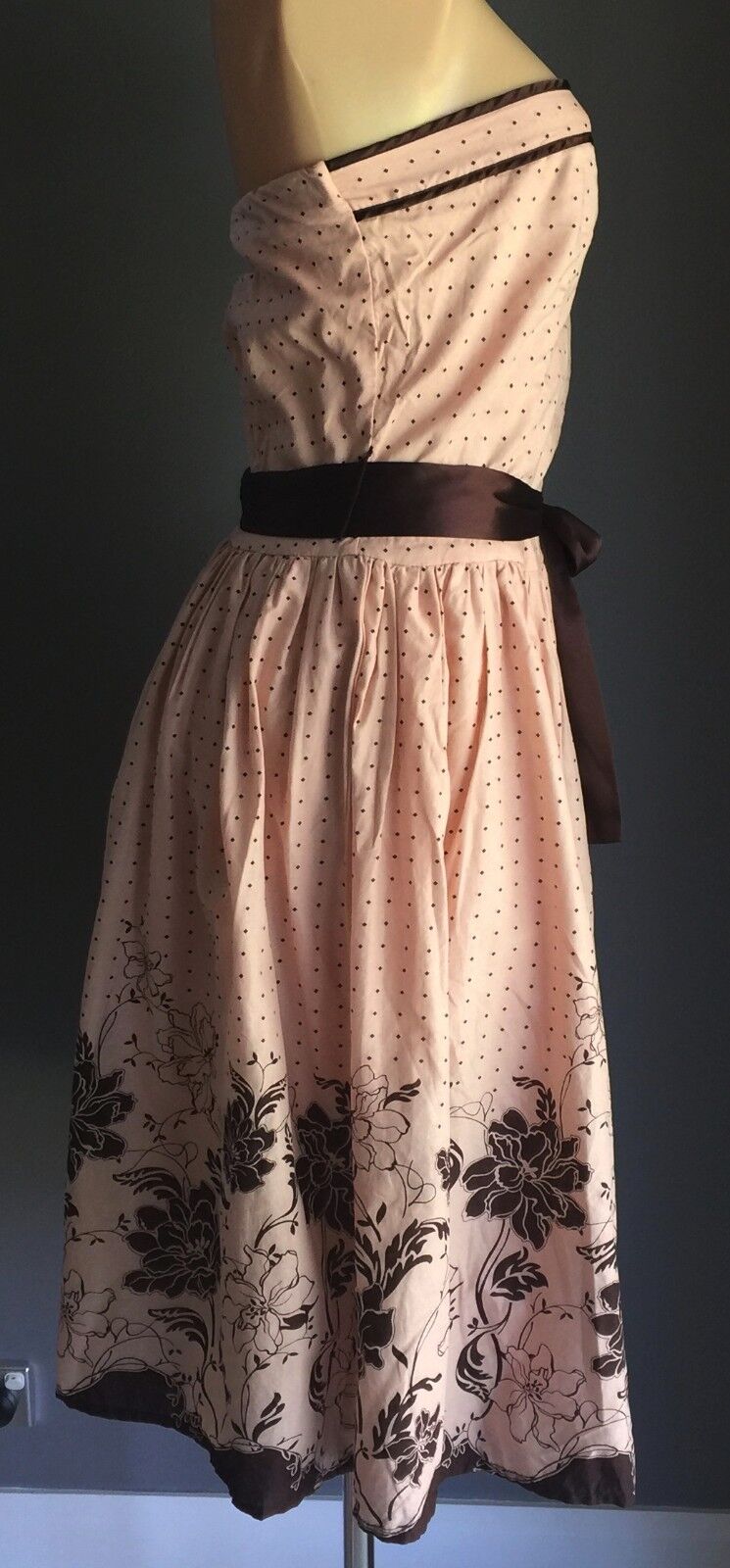 CROSSROADS Dress Polka Dot & Floral Blush Pink & Brown Ladies Size 16 Strapless